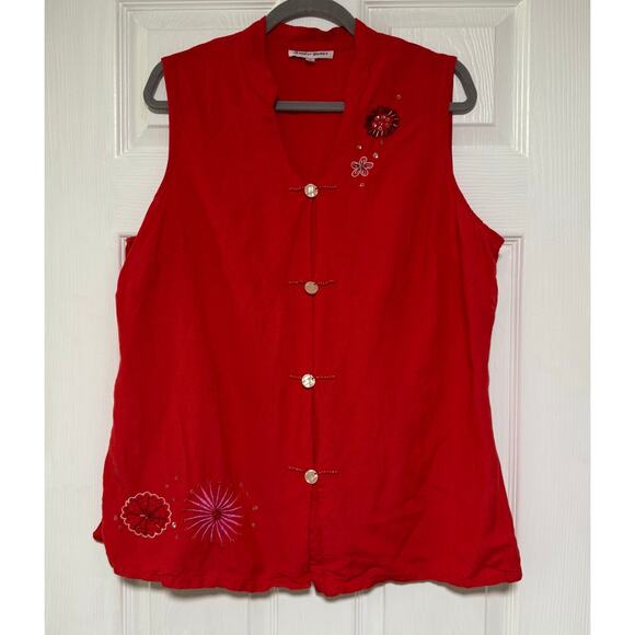 Jennifer Women Coral Red Sequin Embroidered Linen Blend Sleeveless Top Size 16 - Picture 1 of 16
